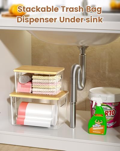 Trash Bag Dispenser 2 Pack, Stackable Trash Bag Holder with Bamboo Lid – Clear Plastic Garbage Bag Organizer for 4-33 Gal Bags, Space-Saving Under Sink Organizer for Kitchen, Laundry, Pantry
