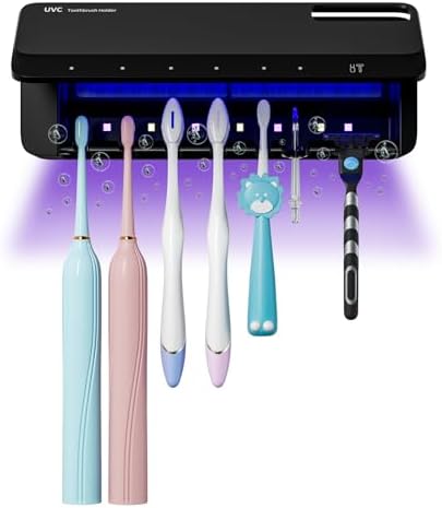 UV Toothbrush Sanitizer Holder for Bathrooms,Mold & Odor Removal & Timer Function Smart Home Bathroom Accessories, 5+1+1 Slots Rechargeable Cordless Wall Mounted Tooth Brush Holder (Black)