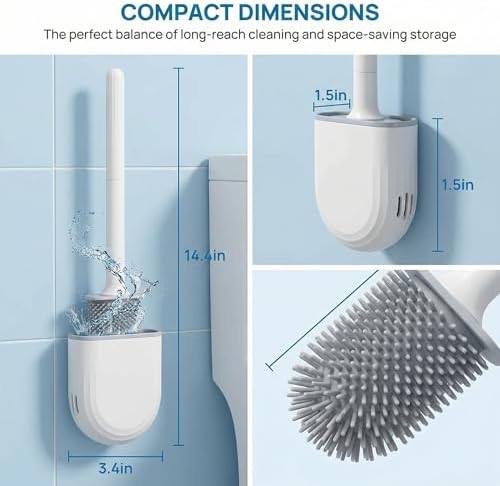 RV Silicone Toilet Brush with Holder, Drill-Free Wall Mounted Toilet Bowl Cleaner, Anti-Drip Anti-Roll Compact Brush for RV Camper & Small Bathroom (White)
