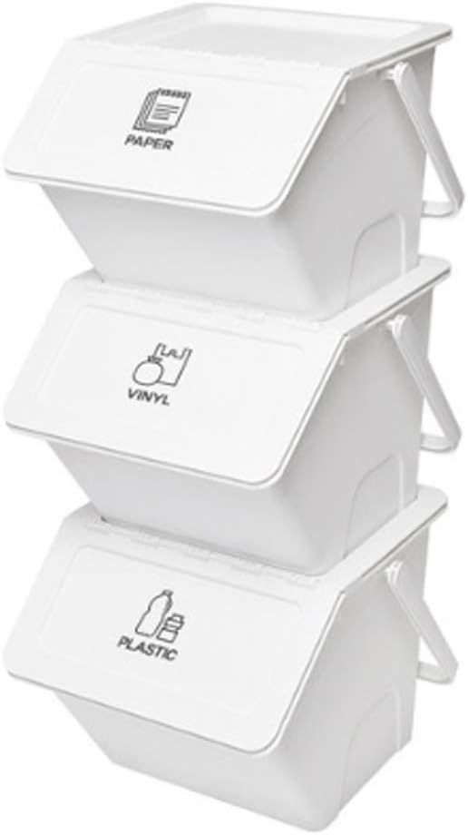 Daily Stackable Organizer Stores Recycling Bin Container with Lid, Handle, Recycle Sticker Trash Bin Label, Tools and Toys, Handy Recycler, 3 Pack of Bins White