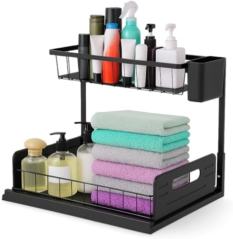 2 Pack Under Sink Organizer, Heavy Duty 2 Tier Slide-Out Storage, Space Saving Cabinet Organizer for Bathroom & Kitchen, Metal Shelf with Brush Holder, Black