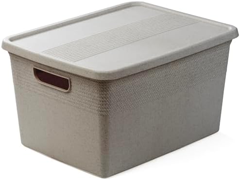 BINO | Plastic Storage Bins with Lids, 22 Liter - 3 Pack, Natural Grey | THE BRAIDED COLLECTION | Plastic Bins for Organization Woven Storage Baskets for Organizing Pantry Shelf Organizer Basket Bin