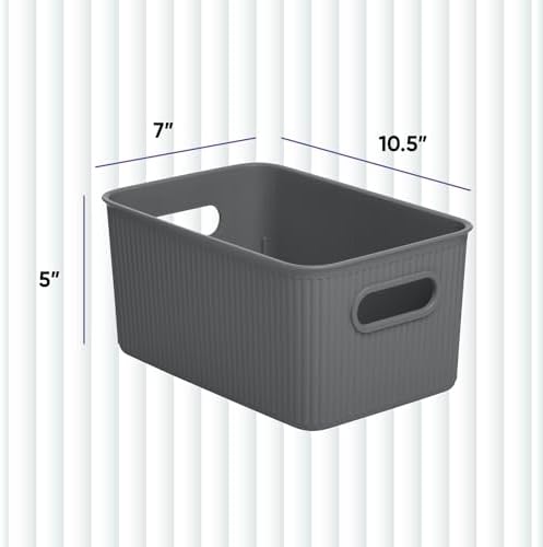 Superio Ribbed Collection - Decorative Plastic Basket Open Home Storage Bins Organizer, Medium Grey (2 Pack) Container Boxes for Organizing Closet Storage Bins for Shelves Drawer Shelf 5 Liter