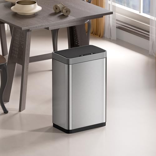 Mbillion 15 Gallon Touchless Motion Sensor Trash Can | Rectangular silver smart garbage can with lid, automatic touchless design for kitchen, bedroom, home & office use