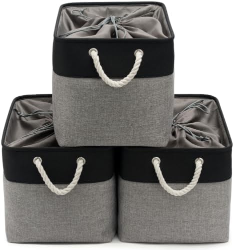 16x12x12 In Foldable Fabric Large Storage Bins with Handle 3 Pack | Storage Basket with Draw String Top, Sturdy Metal Strand, Cardboard Support Molding, for Shelf, Closet, Bedroom, Black/Gray