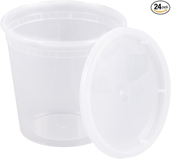 24oz [24-Pack] Microwavable Plastic Deli Food Storage Containers with Lids | BPA Free, leak-resistant, stackable and freezer-safe design helps keep food fresh and secure