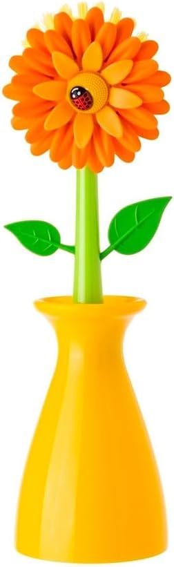 Vigar Flower Power Dish Brush with Handle and Vase Holder - Orange | Dish Scrub Brush for Dishes, Kitchen Scrub Brush, Sink Cleaning Brush, Pot Scrubber, Dishwashing Brush