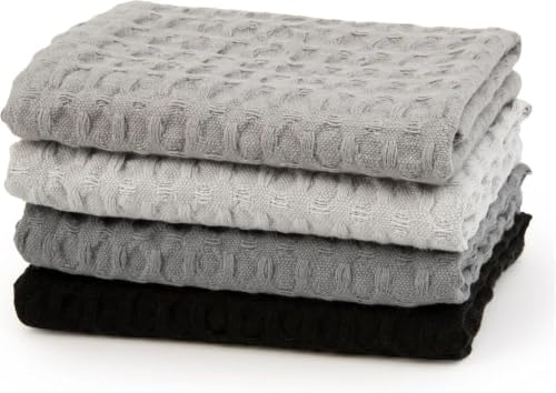 12 Pack Gray and Black Waffle Weave Dishcloths, 3 Sets of 4 Reusable 100% Cotton Kitchen Cleaning Cloths, 12x12 Inch, Super Absorbent, Quick Dry, for Dishes, Countertops, Hands, Eco-Friendly