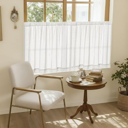 Off White Semi Sheer Linen RV Campers Curtains 45 Inch Long 2 Panels | Ivory, Rustic, Short Curtains for Cafe Small Window Treatment, Light Filter, W25xL45 Inch, Rod Pocket Drapes