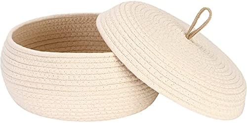 Sea Team Round Woven Cotton Rope Storage Basket with Lid, Cream | Lidded Knitted Decorative Storage Bin, Pot, Caddy, Organizer, Container for Snacks, Towels, Plants, 13 x 5.5 Inches