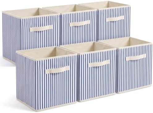 Amyhill 6 Pack Blue Striped Basics Collapsible Fabric Storage Bins | with Handles, Foldable Storage Cubes, 11 Inch, Closet Decorative Organizer, Baskets for Shelves Units, Home, Dorm