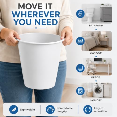 Small Bathroom Trash Can 1.5 Gallon Plastic Garbage Bin, Open Top Waste Basket for Bathroom, Bedroom, Office, Laundry Room, Narrow Space, White, 2 Pack