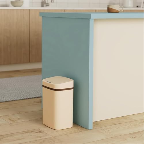 Touchless Motion Sensor Trash Can with Lid, Automatic Infrared Garbage Bin, Narrow Rectangular Bathroom Kitchen Bedroom Office Waste Basket, Soft Close Quiet Seal, Removable Inner Ring (Cream)
