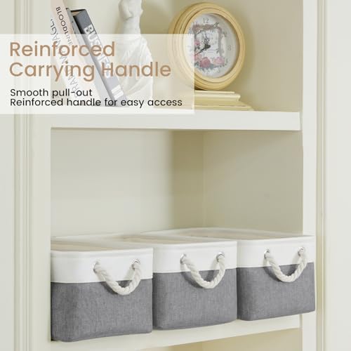 13.8x9.8x6.7 Inch Fabric Small Storage Bins with Handles 3 Pack | Foldable Storage Basket, Sturdy Metal Strand, Cardboard Support Molding, Small Baskets for Organizing, Shelves, White/Gray