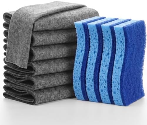 Sawysine 6 Pack Microfiber Cloths with 4 Sponges, Wood Pulp, Gray & Blue | Thickened 11.8x15.7 Inch Towels, Lint Free Streak Free, Heavy Duty for Kitchen Glass Car, Reusable Absorbent