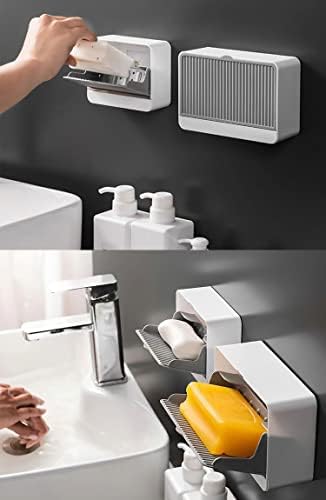 2 Pack Dust-Proof Soap Holder for Shower Wall, Adhesive Wall-Mounted Bar Soap Dish, No-Drill Plastic Soap Saver with Drain, xicveiuz White-Grey