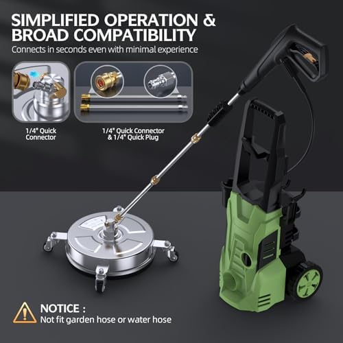 14" Pressure Washer Surface Cleaner 4500 PSI with 304 Stainless Steel | 1/4” Quick Plug, 4 Universal Wheels, 2 x 15" Extended Wands, 2 Replacement Nozzles, 4 Spray Nozzle Tips