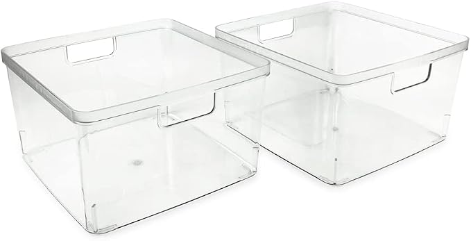 Isaac Jacobs 2-Pack Square Clear Storage Bins (10” L x 10” W x 6.1” H) | Cutout Handles, Plastic Organizer for Home, Office, Kitchen, Fridge/Freezer, Bathroom, BPA Free, Food Safe (2-Pack, Square)