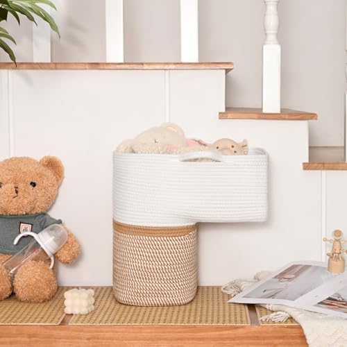 Woven Stair Basket, Stair Baskets for Wooden Stairs, Carpeted Stairs Storage Basket with Handles, Staircase Baskets for Toys, Books, Yellow, 15” L x 10” W x 15” H