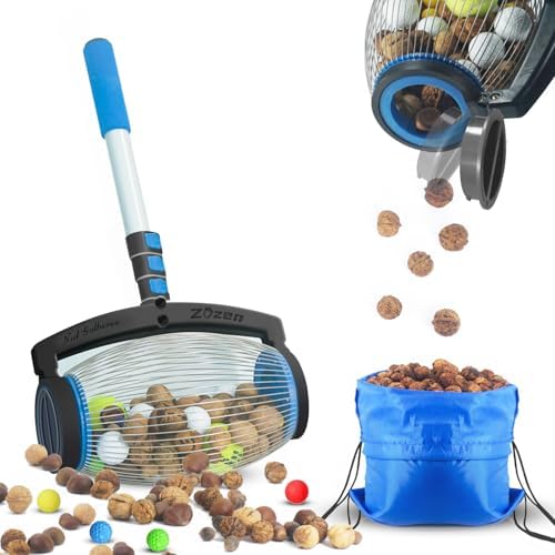 Zozen Nut Gatherer,Walnut Picker Upper,Side Opening Dump,1.5 Gallon | Telescopic Handle, 3/4''-2''Objects Size, Nut Roller Also Apply to Pecan, Hickory Nuts, Chestnuts, Buckeyes, Golf, Butternuts
