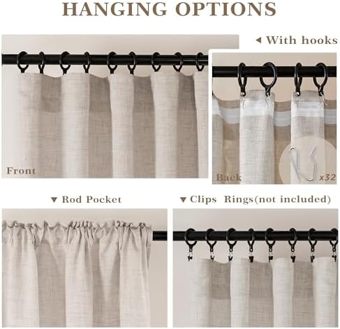 Linen 86 Inch Curtains 2 Panels with Rod Pocket Hook Belt Privacy | Semi Sheer Light Filtering, Farmhouse Curtains, Tan Beige, Flax Linen, Long Window Drapes, for Dining Living Room Bedroom