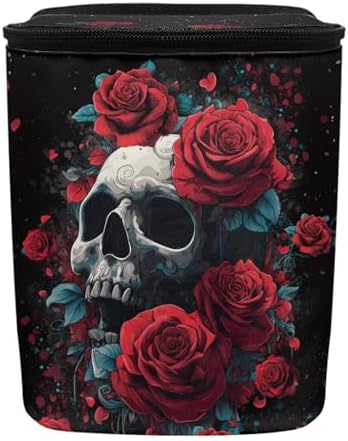 Skull Red Roses Pattern Car Trash Can with Lid and Zipper Portable Foldable Trash Bin for Car Interior Accessories Multipurpose Garbage Can Bags Storage Organizer Halloween Decor