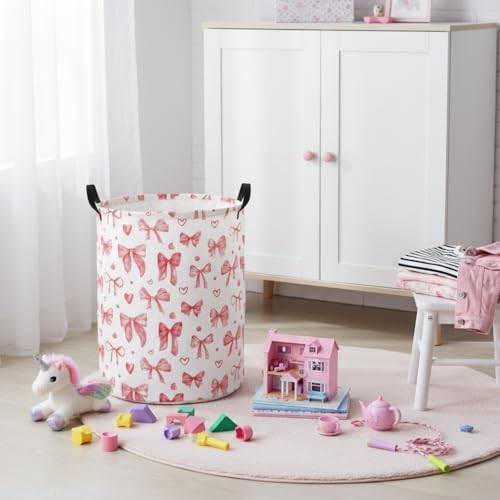 Baby Laundry Basket Baby Nursery Hamper Kids Laundry Basket Toy Storage Bin for Boys Room Decor Gift Baskets for Bedroom Bathroom(Heart Bowknot)