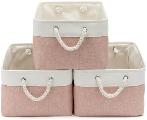 15.7x11.8x8.26 Inch Fabric Large Storage Bins with Handles 3 Pack | Foldable, Sturdy Metal Strand, Cardboard Support Molding, Fabric Storage Baskets for Shelves, Closet, Bedroom, White/Pink