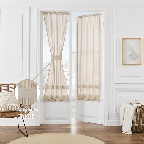 2 Pieces French Door Curtain Linen W35 x L72 Dual Rod Pocket Privacy | Semi Sheer Light Filtering Curtains, for Kitchen Dining Room, French Door, with Tieback, Light Coffee, Farmhouse Rustic