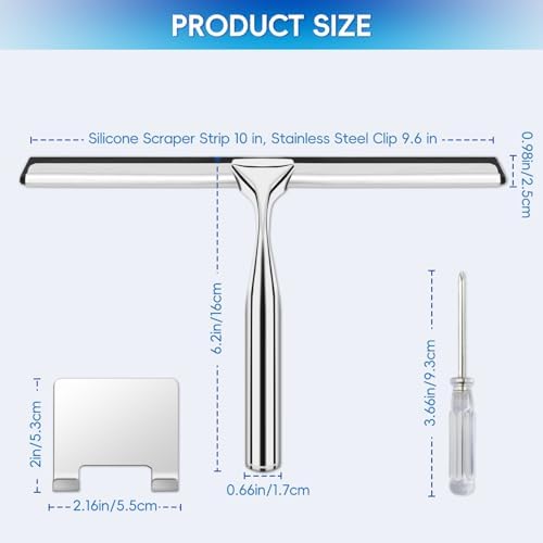 10 Inch Stainless Steel Shower Squeegee with Hook for Glass, Mirror | Durable wiper suitable for shower walls, shower doors and car window cleaning