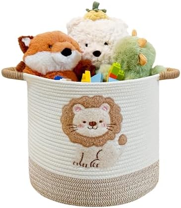 Toy Storage Basket(12"x12"), blanket basket, Cotton Rope Woven Laundry Hamper with Cute Embroidered Dinosaur for Nursery, Living Room, Laundry (Lion)