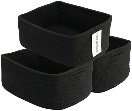 XUANGUO Small Woven Storage Baskets for Shelves, 13" x 9" x 5", Black | Decorative rope storage bins for closets and toy storage; cute organizer baskets, empty gift baskets and nursery storage.