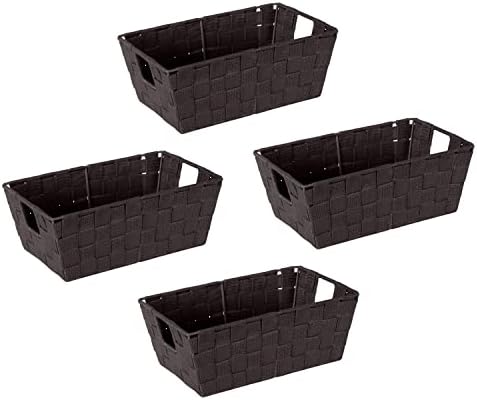 Simplify Small Shelf Woven Strap Tote | Decorative Storage Basket | Built in Handles | Organization | Closet | Bedroom | Bathroom | Nursery | Accessories | Toys | Gifts | 4 Pack | Chocolate