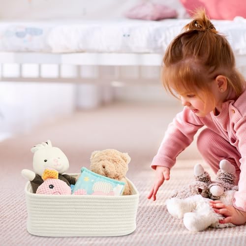 XUANGUO Small Woven Storage Baskets for Shelves, 13" x 9" x 5", White | Decorative rope storage bins for closets and toy storage; cute organizer baskets, empty gift baskets and nursery storage.
