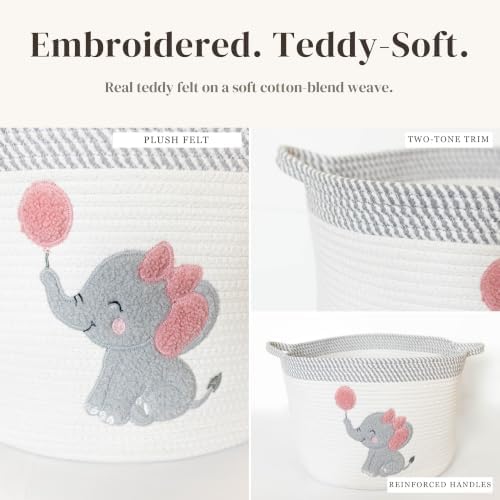 Elephant Baby Storage Basket for Girls, Cotton Rope Nursery Bin, 15x11 in | Stuffed Animal and Blanket Storage, Soft Felt Elephant Patch, Pink Baby Room Decor, Shower Gift, Kids Playroom Organizer