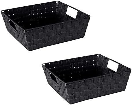 Simplify Large Shelf Woven Strap Tote | Decorative Storage Basket | Built in Handles | Organization | Closet | Bedroom | Bathroom | Nursery | Accessories | Toys | Gifts | 2 Pack | Black