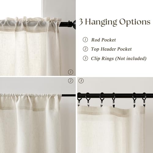 Beige Semi Sheer Linen Kitchen Curtains 24 Inch Length 2 Panels | Short Curtains, for Cafe Bathroom Basement Laundry Half Window, Rod Pocket Drapes, Privacy Light Filtering, 30Wx24L Inches