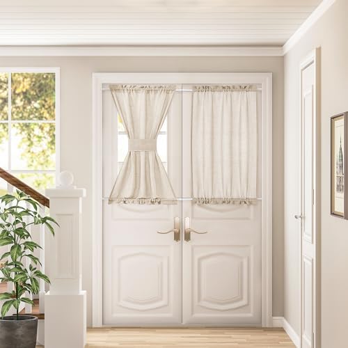 Linen Front Door Curtains 2 Pieces W35 x L40 Dual Rod Pocket Privacy | Door Curtain, for Doorways, Light Filtering, with Tieback, for Kitchen Bathroom Bedroom, Light Coffee, Farmhouse Rustic