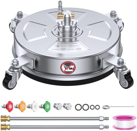 14" Pressure Washer Surface Cleaner 4500 PSI with 304 Stainless Steel | 1/4” Quick Plug, 4 Universal Wheels, 2 x 15" Extended Wands, 2 Replacement Nozzles, 4 Spray Nozzle Tips