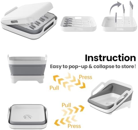 Volnamal Collapsible Wash Basin with Drying Rack & Drain Plug, Gray | Portable 2.4 Gal Dish Tub, Foldable Basin for Baby Bottle, Vegetable, Camping Sink, Kitchen, RV, Camp, Outdoor Space-Saving