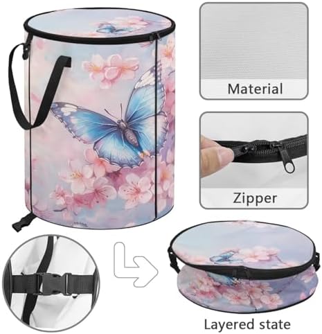 doginthehole Pink Floral Butterfly Collapsible Garbage Can 23 Gallons Trash Can Outdoor Waterproof Recycling Bin Storage Bag Holder Trash Bin with Lid, 22.83x17.71 in