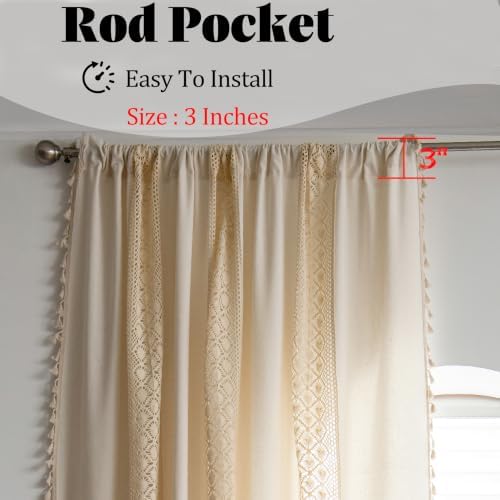 Sutuo Home Boho Curtain Crochet Dots Patchwork Semi-Blackout Bohemian Handmade Tassels, Rod Pocket Window Treatment Vintage Rustic Farmhouse Drapes for Living Bedroom, 1 Panel 59" W x 96" L, Beige