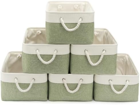 15.7x11.8x8.26 Inch Fabric Large Storage Bins with Handles 6 Pack | Foldable, Sturdy Metal Strand, Cardboard Support Molding, Fabric Storage Baskets for Shelves, Closet, Bedroom, White/Green