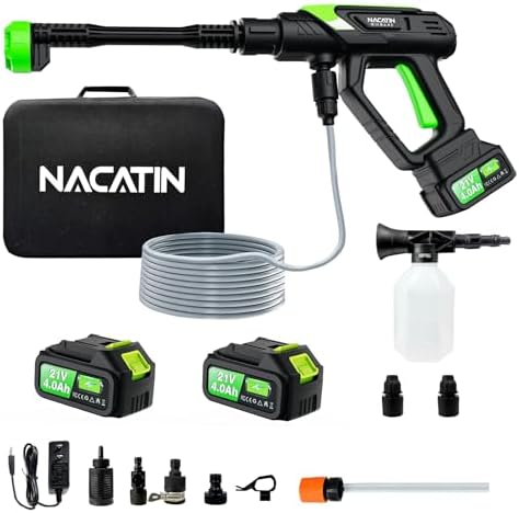 Cordless Portable Washer, 5 Gear Brushless Washer for Car Washing, Patio, Fence, Driveway, Outdoor Cleaning, with 2 Batteries, 6 in 1 Nozzle, 6 Meter Hose, Tap Adapter