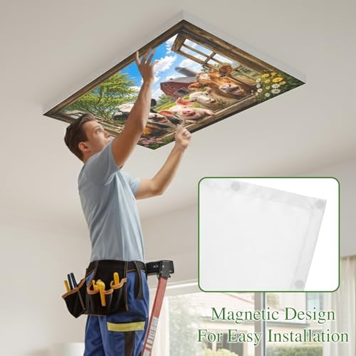Fluorescent Light Covers for Drop Ceiling Farm Happy Pig Cow Sheep Chicken Magnetic Light Filters, Window View Ceiling Shade Filters for Home Classroom Office,2x4 ft,4Packs