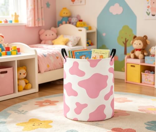 Baby Laundry Basket Baby Nursery Hamper Kids Laundry Basket Toy Storage Bin for Boys Room Decor Gift Baskets for Bedroom Bathroom(Pink Cow)