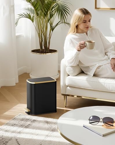Cesun Small Bathroom Trash Can with Gold Grimmed Lid & Pedal, 1.3Gal, Black | Soft Close Lid, Removable Inner Bucket, Slim Stainless Steel Waste Basket for Home Office, Included 5 Trash Bags, Hidden Bags