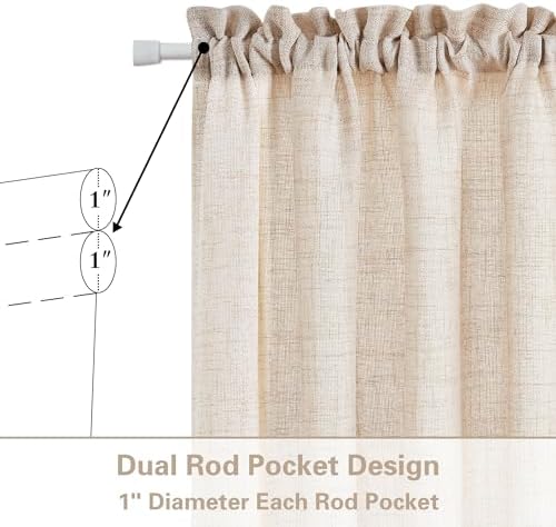 2 Pieces French Door Curtain Linen W35 x L72 Dual Rod Pocket Privacy | Semi Sheer Light Filtering Curtains, for Kitchen Dining Room, French Door, with Tieback, Light Coffee, Farmhouse Rustic
