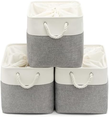 16x12x12 In Foldable Fabric Large Storage Bins with Handle 3 Pack | Storage Basket with Draw String Top, Sturdy Metal Strand, Cardboard Support Molding, for Shelf, Closet, Bedroom, White/Gray