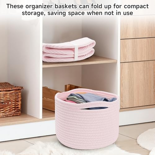 3 Pack Small Rope Storage Baskets, 9.82×9.82×7.1", Pink | Cotton Basket for Gifts Empty, Cute Round Woven Basket, Decorative Shelf Basket Organizer, Organizing Basket for Shelves